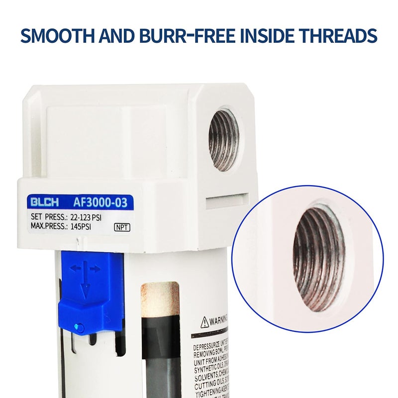 BLCH 3/8" NPT Air Compressor Filter - Air Dryer for Compressor,Compressed Air Dryer Air Drying System AF3000-03 Manual Drain Poly Bowl 0-160 PSI 5μm - Image 3